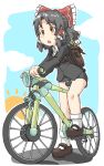  1girl backpack bag bangs bicycle black_hair black_jacket black_skirt blazer blush_stickers bow breasts brown_eyes brown_footwear collared_shirt commentary_request cookie_(touhou) eyebrows_visible_through_hair frilled_bow frilled_hair_tubes frills full_body ground_vehicle hair_bow hair_tubes hakurei_reimu half_updo highres jacket long_sleeves looking_afar mary_janes medium_breasts medium_hair office_lady open_mouth pencil_skirt red_bow riding_bicycle sananana_(cookie) shirt shoes skirt socks solo touhou wand white_legwear white_shirt yin_yang yma 