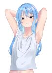  1girl armpits arms_behind_head bangs blue_eyes blue_hair collarbone hair_between_eyes hair_down highres hololive hoshimachi_suisei long_hair looking_at_viewer parted_lips presenting_armpit shirt short_sleeves simple_background smile solo t-shirt upper_body virtual_youtuber wagahai_karen white_background white_shirt 