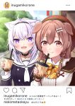 2girls :3 :d ahoge animal_ear_fluff animal_ears bangs beret black_choker black_hairband black_shirt blurry blurry_background blush bone_hair_ornament bow braid brown_eyes brown_hair brown_headwear cat_ears cat_girl choker closed_mouth commentary_request cup day depth_of_field disposable_cup dog_ears dog_girl drinking_straw eyebrows_visible_through_hair eyes_visible_through_hair fake_screenshot fang fang_out hair_bow hair_ornament hairband hand_up hat highres holding holding_cup hololive instagram inugami_korone long_hair long_sleeves looking_at_viewer multiple_girls nekomata_okayu open_mouth outdoors purple_hair sailor_collar shirt smile tomozu translation_request twin_braids upper_body violet_eyes virtual_youtuber white_sailor_collar white_shirt 