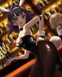  1girl absurdres alcohol animal_ears armpits bada_(jksh5056) bar bare_shoulders black_hair black_leotard blue_eyes blurry bow bowtie breasts brown_legwear contrapposto cup depth_of_field detached_collar drinking_glass dutch_angle fake_animal_ears fake_tail glint hair_intakes hairband hand_on_hip highres holding holding_tray hololive hololive_english leotard looking_at_viewer medium_breasts open_mouth ouro_kronii pantyhose playboy_bunny rabbit_ears rabbit_tail short_hair solo standing strapless strapless_leotard tail tailcoat tray virtual_youtuber watson_amelia wrist_cuffs 