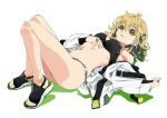  1girl black_bra black_panties blonde_hair bra green_eyes highres long_hair lying nail_polish no_pants off_shoulder on_back original panties parted_lips saitoyu00 sandals solo toenail_polish toenails underwear white_background 