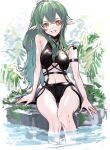  1girl arknights arm_strap arm_support bare_arms bare_legs black_swimsuit commentary_request gavial_(arknights) green_hair highres leaf long_hair looking_at_viewer nanaponi navel open_mouth pointy_ears ponytail rock sidelocks sitting smile soaking_feet solo swimsuit teeth water white_background yellow_eyes 