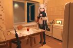  1girl ak-alfa ak-alfa_(girls_frontline) apple assault_rifle bangs black_gloves black_legwear blush bread cabinet cup egg food fruit full_body girls_frontline gloves gun highres hinami047 holding interior jacket kitchen long_hair looking_at_viewer messy_room microwave night night_sky open_window pantyhose plate pot red_eyes refrigerator rifle sky snowing solo standing stool stove table tablecloth teapot tile_wall tiles weapon white_hair window 