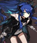  1girl arknights bangs black_jacket black_shorts blue_eyes blue_hair brown_background closed_mouth exion_(neon) fur-trimmed_jacket fur_trim hair_between_eyes holding holding_wand horns jacket long_hair long_sleeves looking_at_viewer mostima_(arknights) shorts simple_background smile solo wand 