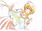  1girl brown_eyes clenched_hands colored_pencil_(medium) contrapposto dutch_angle flower hair_flower hair_ornament highres kawai_masaki nisekoi open_mouth orange_hair school_uniform serafuku short_hair_with_long_locks smile solo tachibana_marika traditional_media upper_body 