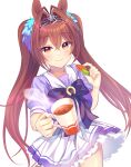  1girl absurdres animal_ears bangs brown_hair carrot closed_mouth commentary_request cowboy_shot cup daiwa_scarlet_(umamusume) hair_intakes hair_ornament highres holding holding_cup horse_ears horseshoe_ornament kona_(soyakimi) long_hair looking_at_viewer multicolored multicolored_eyes petticoat pleated_skirt puffy_short_sleeves puffy_sleeves purple_ribbon purple_skirt reaching_out ribbon sailor_collar school_uniform short_sleeves signature simple_background skirt smile solo steam tiara tracen_school_uniform twintails umamusume very_long_hair white_background 