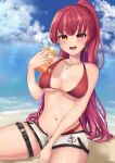  1girl anchor_print arrow_through_heart bangs beach bikini bikini_under_clothes blush breasts cup dolphin_shorts drink drinking_glass drinking_straw eyebrows_visible_through_hair fang heart heart_necklace heterochromia highres holding holding_cup holding_drink hololive houshou_marine ice ice_cube long_hair looking_at_viewer medium_breasts navel no_eyewear no_jacket ocean official_alternate_costume open_mouth ponytail red_bikini red_eyes redhead sand shizuku-41 shorts sitting smile solo swimsuit thigh_strap virtual_youtuber water wet yellow_eyes 