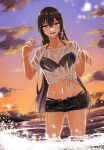  1girl alternate_costume bikini bikini_under_clothes black_bikini black_hair clouds commentary_request cowboy_shot denim denim_shorts gradient_sky highres kantai_collection long_hair looking_at_viewer machi_(ritovoyage) nagato_(kancolle) ocean red_eyes short_shorts shorts sky soaking_feet solo standing sunset swimsuit swimsuit_under_clothes water wet wet_clothes 