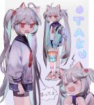  &gt;_&lt; 1girl ahoge animal_ears aqua_jacket bangs bike_shorts black_shorts blue_sailor_collar blue_skirt bucket cat_ears clenched_hands commentary_request crying fang grey_hair holding holding_bucket jacket korean_commentary long_hair long_sleeves neckerchief nenecrepe open_mouth original puffy_long_sleeves puffy_sleeves red_eyes red_neckwear sailor_collar shorts skirt sleeves_past_fingers sleeves_past_wrists solo sweat twintails very_long_hair 