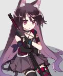  1girl :o animal_ears arknights asymmetrical_gloves bangs black_gloves black_legwear cat_ears dress exion_(neon) fingerless_gloves gloves grey_background hair_between_eyes holding holding_sword holding_weapon katana long_hair looking_at_viewer melantha_(arknights) open_mouth purple_dress purple_hair seiza sheath sheathed short_sleeves simple_background sitting solo sword thigh-highs uneven_gloves violet_eyes weapon 