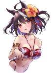  1girl ahoge animal_ears armlet bikini black_hair blush bracelet breasts choker commentary_request flower hair_flower hair_ornament highres horse_ears horse_girl jewelry kitasan_black_(umamusume) looking_at_viewer medium_breasts misekiss multicolored_hair navel o-ring o-ring_bikini o-ring_top open_mouth print_bikini red_bikini red_eyes short_hair simple_background solo streaked_hair swimsuit umamusume upper_body white_background white_hair yellow_choker 