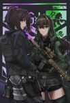  2girls absurdres ass assault_rifle backpack bag bandana brown_eyes brown_hair emblem explosive female_commander_(girls_frontline) g&amp;k-cmdr girls_frontline gloves grenade grifon_&amp;_kryuger grip gun hand_in_pocket handgun highres holding holding_gun holding_weapon holster jacket long_hair looking_back m4_carbine m4a1_(girls_frontline) multiple_girls pants ponytail rifle scope shorts skull_print tactical_clothes thigh-highs trigger_discipline violet_eyes weapon 