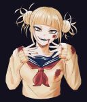  1girl absurdres bangs black_background blonde_hair blood blood_from_mouth blood_on_clothes blood_on_face blue_sailor_collar blunt_bangs boku_no_hero_academia breasts commentary double_bun eyelashes eyeliner fang fangs fingers hair_up hands_on_own_face head_tilt highres long_sleeves looking_at_viewer makeup medium_breasts messy_hair narrowed_eyes neckerchief red_neckwear sailor_collar school_uniform serafuku sidelocks simple_background sleeves_past_wrists slit_pupils smile solo sweater toga_himiko ugu_mha1 upper_body w_arms yellow_eyes yellow_sweater 