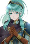  1girl alternate_costume alternate_hairstyle aplche aqua_eyes aqua_hair armor bangs breastplate brown_gloves cape cosplay earrings eirika_(fire_emblem) ephraim_(fire_emblem) ephraim_(fire_emblem)_(cosplay) fire_emblem fire_emblem:_the_sacred_stones fire_emblem_heroes gloves hair_ornament hands_together highres jewelry long_hair looking_at_viewer official_alternate_costume ponytail shoulder_armor sidelocks smile solo upper_body white_background 