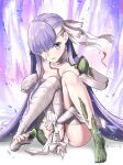  1girl bandage_over_one_eye bandaged_arm bandaged_head bandaged_leg bandages bangs blush breasts fate/extra fate/extra_ccc fate/extra_ccc_fox_tail fate_(series) giant giantess highres kingprotea_(fate) knees_up legs long_hair looking_at_viewer moss naked_bandage parted_lips purple_hair sitting small_breasts tyone very_long_hair violet_eyes 