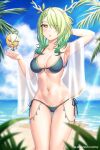  1girl absurdres antlers apple arm_behind_head beach blue_sky ceres_fauna food fruit golden_apple green_hair highres hololive hololive_english navel seraphim_throne sky swimsuit thighs yellow_eyes 