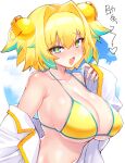  +_+ 1girl big_hair bikini blonde_hair blue_eyes blush bombergirl breasts fang grenade_hair_ornament hair_between_eyes hair_intakes jacket_pull large_breasts multicolored_hair nnmi11 open_mouth pine_(bombergirl) short_hair skin_fang solo streaked_hair swimsuit upper_body yellow_bikini 