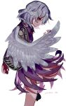  1girl absurdres angel_wings asuku_(69-1-31) beige_jacket bow braid dress expressionless eyebrows_visible_through_hair feathered_wings french_braid hair_between_eyes highres kishin_sagume long_sleeves looking_at_viewer pixiv_id purple_dress red_bow red_eyes red_neckwear shoes short_hair silver_hair simple_background single_wing touhou wings 