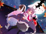  2girls animal_ears artist_request autumn_leaves barefoot black_legwear breasts brown_eyes brown_hair carrot_necklace clouds crescent crescent_pin crossed_arms dress eyebrows_visible_through_hair hair_between_eyes highres inaba_tewi large_breasts light_purple_hair long_hair long_sleeves looking_at_viewer moon multiple_girls necktie on_roof pink_dress pleated_skirt puffy_short_sleeves puffy_sleeves rabbit_ears red_neckwear reisen_udongein_inaba shirt short_sleeves skirt touhou white_shirt 