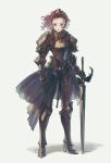  1girl armor armored_boots boots breastplate brown_eyes brown_hair faulds full_body gauntlets high_heels highres holding holding_sword holding_weapon looking_at_viewer moryo original planted planted_sword plate_armor ponytail shoulder_armor solo standing sword waist_cape weapon 