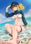  absurdres ahoge artoria_pendragon_(fate) barefoot baseball_cap bikini blonde_hair blue_eyes blue_headwear breasts c-da fate/grand_order fate_(series) hair_through_headwear hat highres large_breasts mysterious_heroine_xx_(fate) navel ponytail shrug_(clothing) side-tie_bikini swimsuit thigh_strap white_bikini wristband zipper_pull_tab 