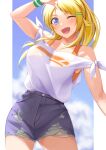  1girl blonde_hair blue_eyes blush clouds collarbone cowboy_shot denim denim_shorts eyebrows_visible_through_hair hachimiya_meguru hair_ornament highres idolmaster idolmaster_shiny_colors letterboxed one_eye_closed orange_tank_top ponytail shadow shirt shorts smile solo takagi_mitsukuni tank_top tied_shirt torn_clothes white_shirt 