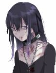  1boy bangs bishounen black_collar black_hair black_ribbon blood blood_from_mouth blood_on_clothes blood_on_face chain chain_necklace collar collarbone commentary_request emaciated gradient_hair hair_between_eyes hair_ribbon highres injury jewelry kayanogura long_hair looking_at_viewer male_focus multicolored_hair necklace original purple_hair ribbon sanpaku shirt simple_background skinny solo upper_body violet_eyes white_background 