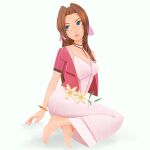  1girl aerith_gainsborough arm_behind_back bare_shoulders barefoot black_choker bmo_art bodysuit bow bracelet breasts brown_hair choker commentary cropped_jacket desk dress final_fantasy final_fantasy_vii flower green_eyes hair_bow hair_intakes jacket jewelry large_breasts lily_(flower) lips lipstick long_dress long_hair looking_to_the_side looking_up makeup necklace off_shoulder on_desk parted_hair pink_bodysuit pink_dress pink_lips ringlets simple_background sitting sitting_on_desk solo texture upturned_eyes v-shaped_eyebrows white_background yokozuwari 