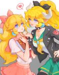  alternate_costume alternate_hairstyle blonde_hair blue_eyes blush book bow bowser bowsette bracelet closed_mouth collar earrings grabbing_another&#039;s_chin hair_ornament hand_on_another&#039;s_chin heart highres holding holding_book horns jacket jewelry long_hair super_mario_bros. midriff midriff_peek mushroommirror navel neckerchief nintendo princess_peach school_uniform smile spiked_bracelet spiked_collar spikes super_mario_bros. thick_eyebrows white_background 