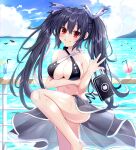  1girl absurdres alternate_costume bikini bikini_skirt black_hair blush breasts collarbone day eyebrows_visible_through_hair giga-tera hair_between_eyes hair_ornament highres huge_filesize licking_lips long_hair looking_at_viewer medium_breasts navel neptune_(series) noire open_mouth outdoors red_eyes sidelocks smile solo standing standing_on_one_leg swimsuit tongue tongue_out twintails wet 