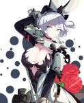  1girl absurdres ahoge animal_ears arm_behind_head arm_up black_choker blush breasts choker collar elphelt_valentine eyebrows_visible_through_hair eyes_visible_through_hair fake_animal_ears flower green_eyes guilty_gear guilty_gear_xrd highres itsher_momo parted_lips red_flower red_rose rose short_hair signature solo spiked_collar spikes tiara 