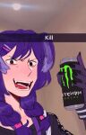  1girl :d absurdres black_eyes black_nails blush braid can derivative_work fingernails franzj hair_ornament hairclip head_wings highres holding holding_can looking_at_viewer meme monster_energy nijisanji nijisanji_en open_mouth purple_hair selen_tatsuki sharp_fingernails smile snapchat soapyak solo twin_braids upper_body 