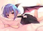  1girl absurdres ahoge alternate_costume barefoot bat_wings black_dress blue_hair blush commentary_request dress highres looking_at_viewer lying nail_polish no_hat no_headwear on_bed on_stomach pillow pillow_hug red_eyes red_nails remilia_scarlet ruhika short_hair solo touhou wings 