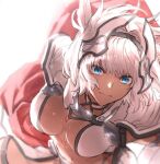  blue_eyes body_markings breasts caenis_(fate) dark-skinned_female dark_skin fate/grand_order fate_(series) from_above hair_intakes hairband headpiece large_breasts long_hair muscular muscular_female sabamori shoulder_plates smile tattoo waist_cape 