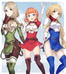 3girls annette_fantine_dominic armor bangs blonde_hair blue_dress blue_eyes blue_footwear blue_hair blue_sky blunt_bangs boots border braid breastplate breasts brown_footwear brown_gloves brown_legwear catria_(fire_emblem) catria_(fire_emblem)_(cosplay) cosplay cross-laced_clothes day dress elbow_gloves est_(fire_emblem) est_(fire_emblem)_(cosplay) feet_out_of_frame fingerless_gloves fire_emblem fire_emblem:_three_houses gloves green_dress green_eyes green_footwear hair_over_shoulder hair_rings hand_on_own_face haru_(nakajou-28) highres ingrid_brandl_galatea long_hair low_ponytail mercedes_von_martritz multiple_girls orange_hair outdoors outside_border palla_(fire_emblem) palla_(fire_emblem)_(cosplay) pantyhose red_dress short_dress short_hair short_sleeves shoulder_armor side_slit single_braid sky small_breasts standing thigh-highs thigh_boots thighhighs_over_pantyhose thighhighs_under_boots violet_eyes waving white_border white_gloves white_legwear 