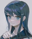  1girl bangs black_sailor_collar blue_eyes blue_hair commentary_request dangan_ronpa:_trigger_happy_havoc dangan_ronpa_(series) dated finger_to_mouth grey_background hair_ornament hairclip hand_up index_finger_raised long_hair long_sleeves looking_at_viewer maizono_sayaka miying_(ho_ru03_15) sailor_collar school_uniform shiny shiny_hair signature simple_background smile solo 