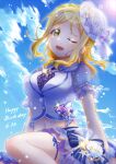  1girl ;d absurdres blonde_hair blue_bow blue_sky bow braid clouds crop_top crown_braid day earrings floating_hair green_eyes happy_birthday hat highres jewelry konro_kai layered_skirt lens_flare long_hair looking_at_viewer love_live! love_live!_sunshine!! midriff miniskirt navel ohara_mari one_eye_closed open_mouth outdoors short_sleeves skirt sky smile solo sparkle stomach striped striped_bow vertical-striped_skirt vertical_stripes 