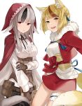  2girls :d animal_ear_fluff animal_ears belt belt_buckle belt_pouch black_hair blonde_hair blush buckle cape closed_mouth corset cowboy_shot cropped_jacket ears_down fangs fire_emblem fire_emblem_fates fox_ears fox_girl fox_tail frilled_shirt frills fur_collar hair_ornament hand_on_own_arm haru_(nakajou-28) highres hood hood_up hooded_cape jacket japanese_clothes long_hair long_sleeves miniskirt multicolored_hair multiple_girls obi open_clothes open_jacket open_mouth pouch red_cape red_eyes red_jacket red_ribbon red_skirt redhead ribbon sash selkie_(fire_emblem) shirt short_hair silver_hair simple_background skirt smile streaked_hair stuffed_animal stuffed_toy tail tassel teddy_bear two-tone_hair underbust upper_teeth velouria_(fire_emblem) white_background white_shirt wolf_ears wolf_girl wolf_tail 