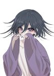  1boy bangs black_hair collarbone covered_mouth danganronpa_(series) danganronpa_v3:_killing_harmony eyebrows_visible_through_hair flipped_hair hair_between_eyes hands_up jacket long_sleeves looking_at_viewer male_focus open_clothes open_jacket ouma_kokichi simple_background solo upper_body usodayong_(oma_hoya) violet_eyes white_background wide_sleeves 