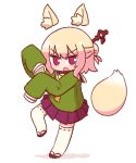  1girl animal_ear_fluff animal_ears bangs bell blonde_hair blush collar commentary detached_ears detached_tail eyebrows_visible_through_hair floating fox_ears fox_girl fox_tail green_shirt hair_between_eyes hair_bun hair_ornament hair_stick hands_up highres jingle_bell kemomimi-chan_(naga_u) long_hair looking_at_viewer naga_u neckerchief open_mouth original pleated_skirt red_collar red_eyes red_footwear red_skirt sailor_collar shirt sidelocks simple_background skirt sleeves_past_fingers sleeves_past_wrists solo standing standing_on_one_leg tail thigh-highs v-shaped_eyebrows white_background white_legwear white_sailor_collar yellow_neckwear zettai_ryouiki zouri 