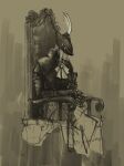  1girl artist_name ascot bloodborne brown_theme chair closed_mouth covered_eyes feathers gloves grey_hair hat hat_feather highres holding holding_sword holding_weapon lady_maria_of_the_astral_clocktower long_hair sitting sketch solo sword the_old_hunters tricorne tripdancer weapon 