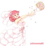  1girl :d ^_^ bare_arms bare_shoulders blush bouquet bouquet_toss breasts bridal_veil bride closed_eyes commentary dress drill_hair english_commentary facing_away flower hair_ornament hairclip happy heart heart_hair_ornament katawa_shoujo large_breasts long_dress long_hair mikado_shiina open_mouth outstretched_arms patreon_username petals quad_drills rtil simple_background smile solo strapless strapless_dress veil wedding_dress white_background white_dress 