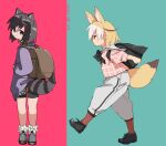  2girls alternate_costume animal_ears backpack bag bike_shorts_under_skirt black_footwear black_hair black_neckwear black_shorts blonde_hair blue_sweater boots bow bowtie brown_legwear capri_pants casual child commentary_request common_raccoon_(kemono_friends) extra_ears fennec_(kemono_friends) fox_ears fox_girl fox_tail frilled_legwear full_body grey_eyes grey_footwear grey_hair highres kemono_friends long_sleeves looking_at_viewer looking_back multicolored_hair multiple_girls nanana_(nanana_iz) pants pink_shirt plaid plaid_shirt plaid_skirt raccoon_ears raccoon_girl raccoon_tail sailor_collar school_uniform shirt shoes short_hair short_sleeves shorts skirt sneakers socks sweater tail white_hair white_legwear white_pants younger 