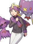  1boy blonde_hair commentary_request drifblim gen_4_pokemon hand_up headband highres holding holding_poke_ball kiwi_of_ruin korean_commentary long_sleeves looking_to_the_side male_focus medium_hair mismagius morty_(pokemon) open_mouth pants poke_ball poke_ball_(basic) pokemon pokemon_(creature) pokemon_(game) pokemon_hgss purple_headband purple_scarf ribbed_sweater scarf simple_background sweater tongue white_background white_pants 