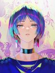  1girl absurdres black_choker blue_hair choker collarbone commentary earrings english_commentary face highres jewelry lips looking_at_viewer multicolored multicolored_eyes nababa necklace original parted_lips ponytail short_hair solo 