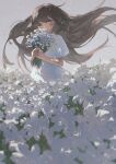  1girl blue_eyes blush bouquet brown_hair commentary_request covered_mouth dress field floating_hair flower flower_field grey_background highres holding holding_bouquet long_hair looking_at_viewer original potg_(piotegu) short_sleeves solo very_long_hair white_dress white_flower 