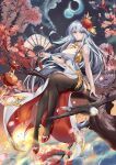  1girl absurdres asymmetrical_clothes azur_lane bald_eagle bird black_legwear breasts china_dress chinese_clothes dress eagle earrings enterprise_(azur_lane) enterprise_(blooming_peony)_(azur_lane) flower folding_fan full_moon gold_trim hair_flower hair_ornament hand_fan highres holding holding_fan jewelry lantern large_breasts long_hair moon official_alternate_costume outdoors pantyhose paper_lantern petals pink_flower red_flower red_footwear sabou_san-shitsu_kokoro shoes side_slit silver_hair sitting sitting_on_branch sleeveless sleeveless_dress solo thighband_pantyhose very_long_hair violet_eyes 