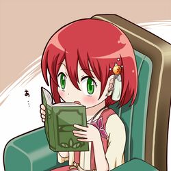  1girl akagami_no_shirayukihime armchair beige_dress bell blush book chair eyebrows_visible_through_hair green_eyes hair_bell hair_ornament light_brown_background minagi_(gogogo) reading redhead shirayuki_(akagami_no_shirayukihime) short_hair sitting solo two-tone_background white_background 