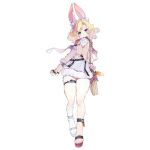  1girl :3 animal_ear_fluff animal_ears animal_hands ankle_strap asymmetrical_footwear black_footwear blonde_hair blue_eyes blue_footwear carrot costume_request dress full_body fur-trimmed_dress fur_trim furrification furry game_cg girls_frontline highres looking_at_viewer mismatched_footwear official_art ots-44_(girls_frontline) rabbit_ears rosele shiny shiny_hair short_hair simple_background solo standing tachi-e thick_eyebrows thigh_strap transparent_background white_dress 