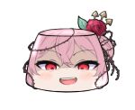  1girl :d evil_smile flower food foodification hair_flower hair_ornament looking_at_viewer nijisanji nijisanji_en open_mouth pink_hair plant psychooorb pudding red_flower red_rose rose rosemi_lovelock shaded_face simple_background smile solo thorns transparent_background vines virtual_youtuber 